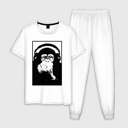 Пижама хлопковая мужская Monkey in the headphones, цвет: белый