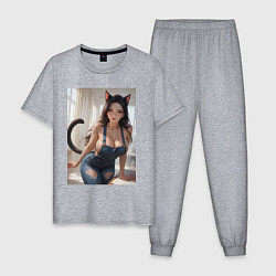 Пижама хлопковая мужская Девушка-кошечка в комбинезоне, цвет: меланж