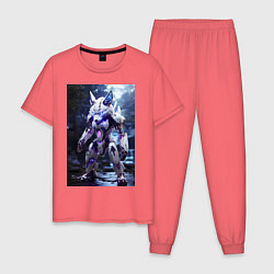 Пижама хлопковая мужская Киборг лиса с неоновой подсветкой, цвет: коралловый