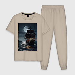 Пижама хлопковая мужская Пиратский корабль в шторм, цвет: миндальный