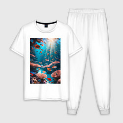 Пижама хлопковая мужская Подводный коралловый риф с рыбками, цвет: белый