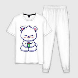 Пижама хлопковая мужская Мишка на кофейном релаксе, цвет: белый