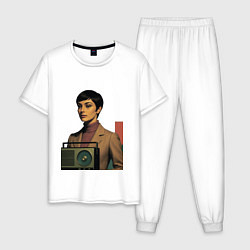 Пижама хлопковая мужская Брюнетка и радиоприемник ретрофутуризм поп-арт 197, цвет: белый