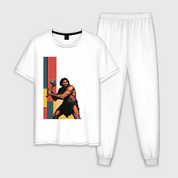 Пижама хлопковая мужская Поп-арт неандерталец, цвет: белый