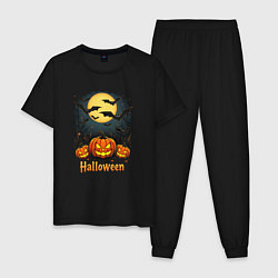 Пижама хлопковая мужская Halloween: moon and pumpkins, цвет: черный