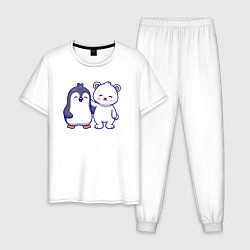 Пижама хлопковая мужская Пингвин и белый медведь, цвет: белый