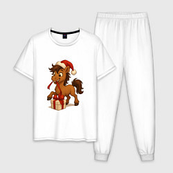 Пижама хлопковая мужская Лошадка распаковывает подарок, цвет: белый