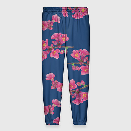 Мужские брюки Веточки айвы с розовыми цветами на синем фоне / 3D-принт – фото 2