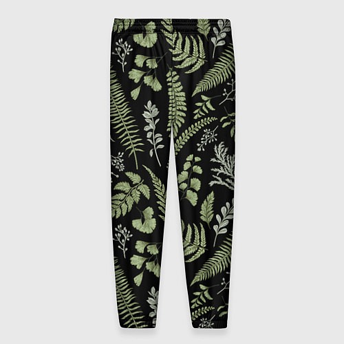 Мужские брюки Зелёные листья папоротника на черном фоне / 3D-принт – фото 2