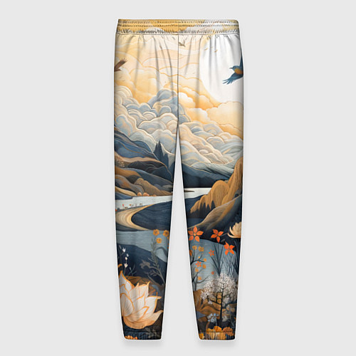 Мужские брюки Солнечное утро в цветущих горах / 3D-принт – фото 2