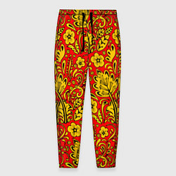 Мужские брюки Хохломская роспись золотистые цветы на красном фон