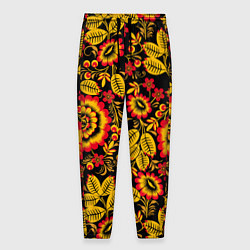 Мужские брюки Хохломская роспись золотистые листья и цветы чёрно