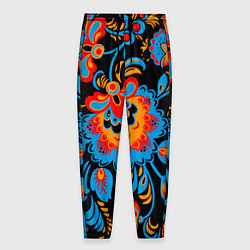Мужские брюки Хохломская роспись разноцветные цветы на чёроном ф