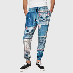 Брюки на резинке мужские Кошки на пэчворк джинсах паттерн, цвет: 3D-принт — фото 2