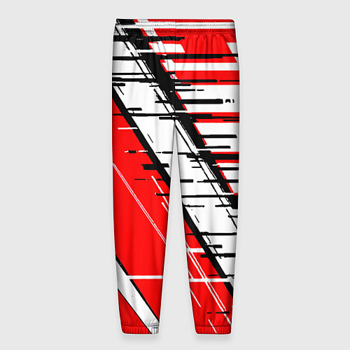 Мужские брюки Чёрно-белые глитч полосы на красном фоне / 3D-принт – фото 2