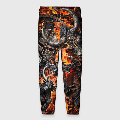 Мужские брюки Гладиатор и минотавр на фоне огня мечей и щитов / 3D-принт – фото 2