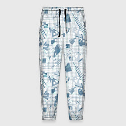Брюки на резинке мужские Мемфис синий с серым клетчатый геометрический узор, цвет: 3D-принт