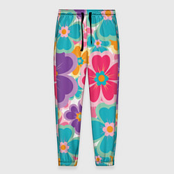 Брюки на резинке мужские Яркий цветочный калейдоскоп - узор в стиле ретро, цвет: 3D-принт