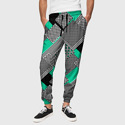Брюки на резинке мужские Черно бирюзовая абстрактная геометрия пэчворк, цвет: 3D-принт — фото 2