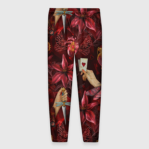 Мужские брюки Бордовая готика с сердцем, лилиями и мотыльками / 3D-принт – фото 2