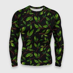 Рашгард мужской Яркие зеленые листья на черном фоне, цвет: 3D-принт