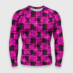 Рашгард мужской Black and pink hearts pattern on checkered, цвет: 3D-принт