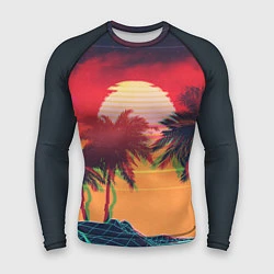 Рашгард мужской Пальмы и пляж на закате с помехами VHS ретро дизай, цвет: 3D-принт