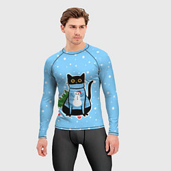 Рашгард мужской Котик в свитере под снегопадом - синий, цвет: 3D-принт — фото 2