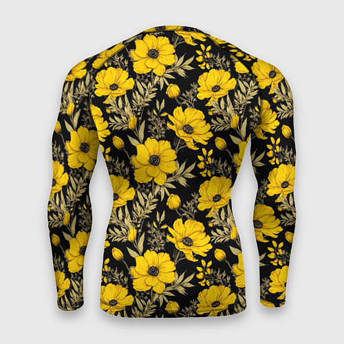 Мужской рашгард Желтые цветы на черном фоне паттерн / 3D-принт – фото 2