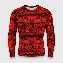 Рашгард мужской Хохломская роспись красные цветы и ягоды на чёрном, цвет: 3D-принт