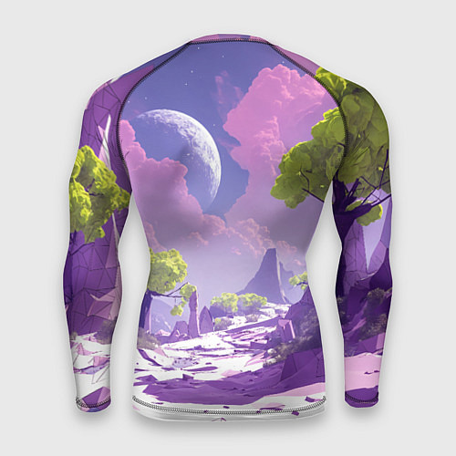 Мужской рашгард Фиолетовые горы зеленые деревья и космос / 3D-принт – фото 2