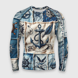 Рашгард мужской Пэчворк с якорем - джинсовка моряка, цвет: 3D-принт
