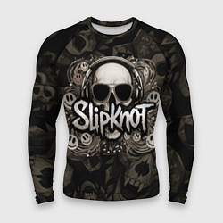 Мужской рашгард Slipknot на фоне черепа в очках и наушниках