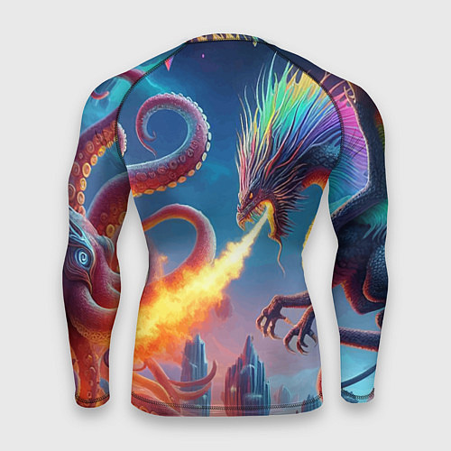 Мужской рашгард Огнедышащий дракон против осьминога - нейроарт фан / 3D-принт – фото 2
