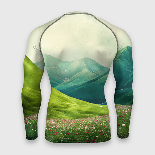 Мужской рашгард Горы и поле с цветами - зеленый пейзаж / 3D-принт – фото 2