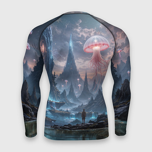 Мужской рашгард Фантастический мир с медузами и озеро у гор / 3D-принт – фото 2