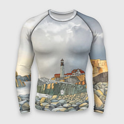 Мужской рашгард Маяк и камни на пляже - акварельный рисунок