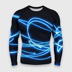 Рашгард мужской Неоновые голубые волны на черном фоне, цвет: 3D-принт