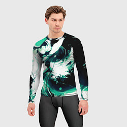 Рашгард мужской Чёрно-зелёный абстракция волна, цвет: 3D-принт — фото 2