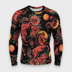Рашгард мужской Красная лошадь с розами, цвет: 3D-принт
