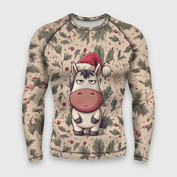 Мужской рашгард Новогодняя лошадка на фоне елочных веток