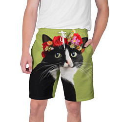 Шорты на шнурке мужские Кот и цветы, цвет: 3D-принт