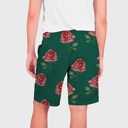 Мужские шорты Ярко красные розы на темно-зеленом фоне / 3D-принт – фото 2