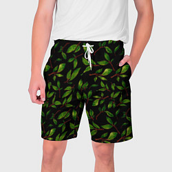 Шорты на шнурке мужские Яркие зеленые листья на черном фоне, цвет: 3D-принт
