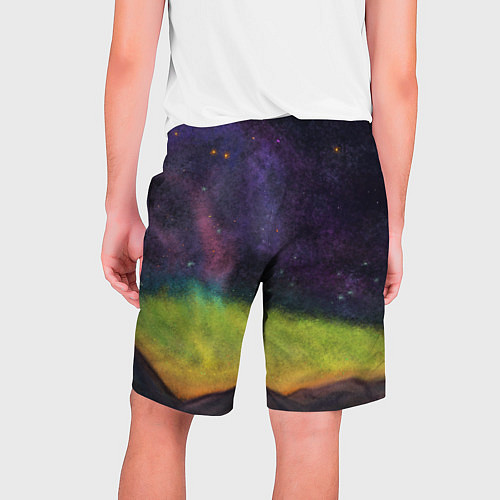 Мужские шорты Горный пейзаж со звёздным небом и северным сиянием / 3D-принт – фото 2