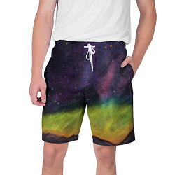 Мужские шорты Горный пейзаж со звёздным небом и северным сиянием