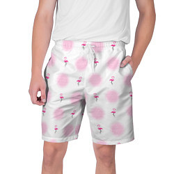 Шорты на шнурке мужские Фламинго и круги на белом фоне, цвет: 3D-принт