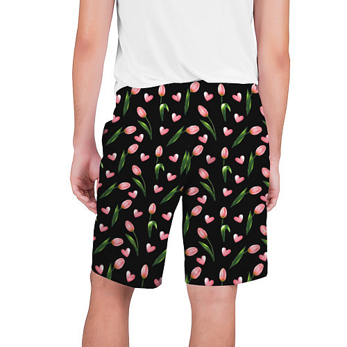 Мужские шорты Тюльпаны и сердечки на черном - паттерн / 3D-принт – фото 2
