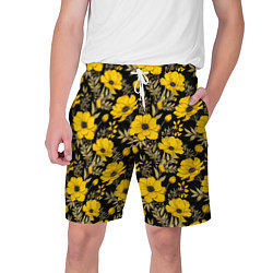Шорты на шнурке мужские Желтые цветы на черном фоне паттерн, цвет: 3D-принт