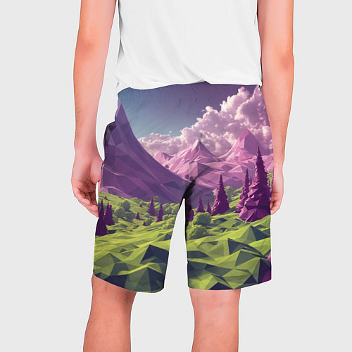 Мужские шорты Геометрический зеленый пейзаж и фиолетовые горы / 3D-принт – фото 2
